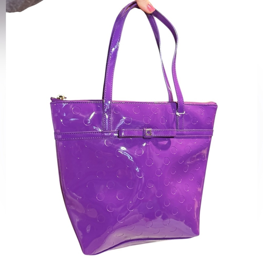 Kate spade jeralyn purple polka dot patent shoulder tote bag wet look